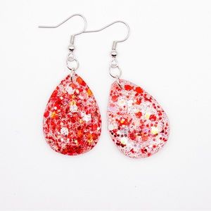 Red and White Glitter 1” Resin teardrop Earrings with silver Hardware